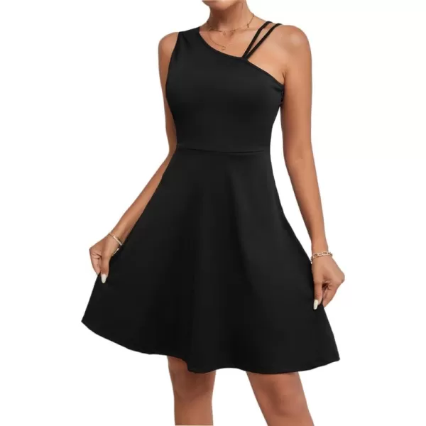 LYANER Women's One Shoulder Dress A Line Swing Flared Skater Cocktail Mini Dress