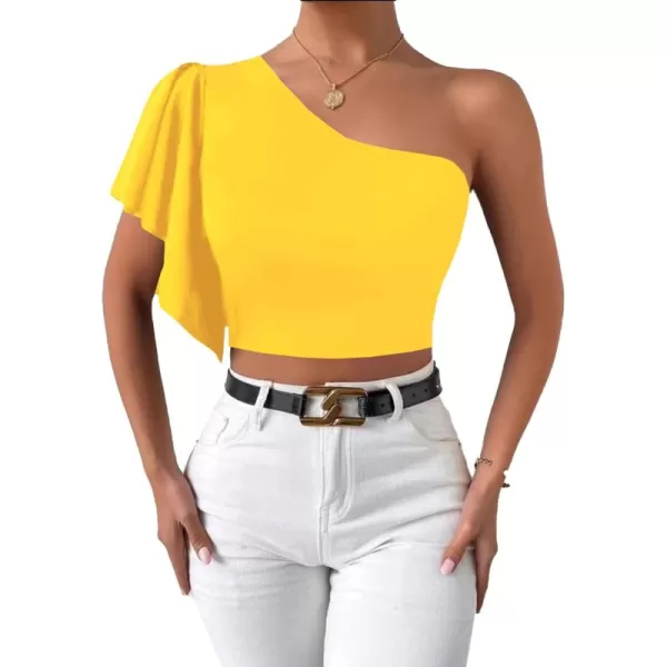 LYANER Women's One Shoulder Ruffle Short Sleeve Knitted Cami Crop Tops Shirt Blouse