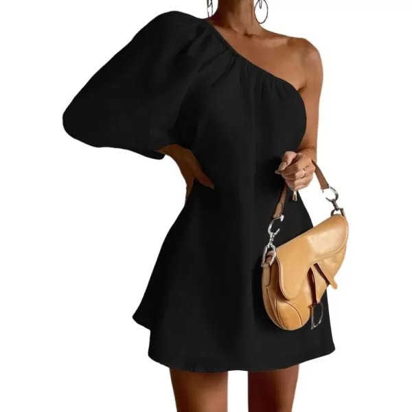 LYANER Women's One Shoulder Short Sleeve Cocktail Party Loose Fitted Mini Dresses