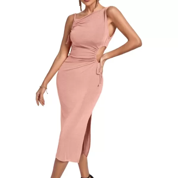 LYANER Women's One Shoulder Spaghetti Strap Drawstring Hollow Out Split Hem Bodycon Midi Dress