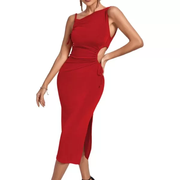 LYANER Women's One Shoulder Spaghetti Strap Drawstring Hollow Out Split Hem Bodycon Midi Dress