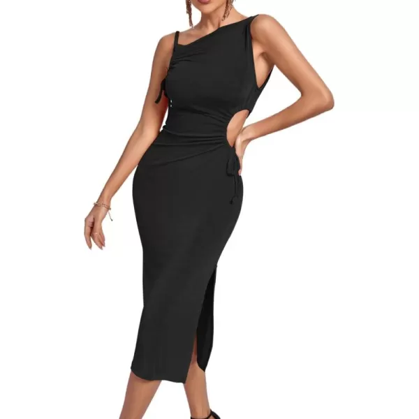 LYANER Women's One Shoulder Spaghetti Strap Drawstring Hollow Out Split Hem Bodycon Midi Dress