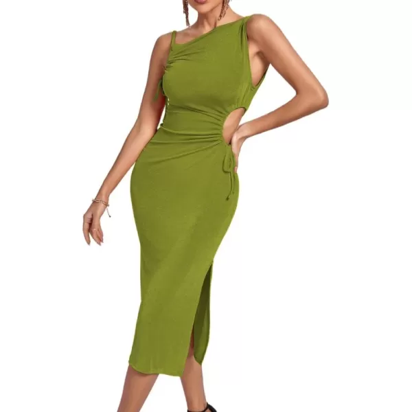 LYANER Women's One Shoulder Spaghetti Strap Drawstring Hollow Out Split Hem Bodycon Midi Dress