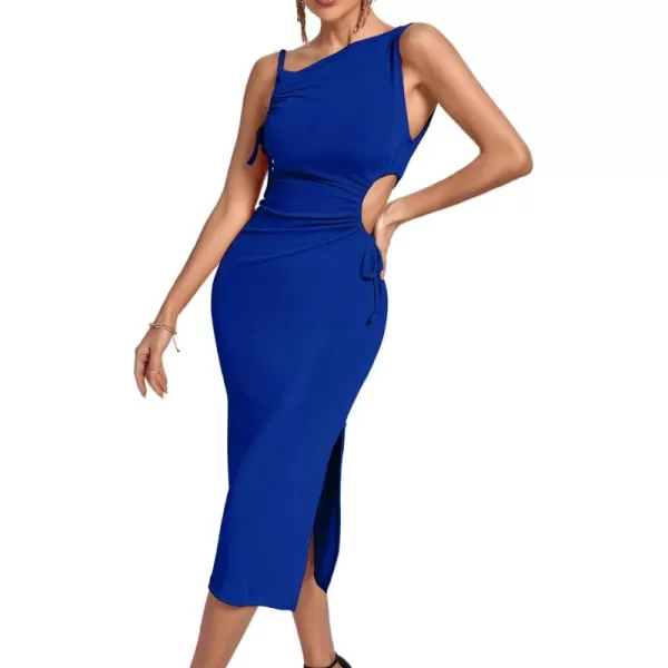 LYANER Women's One Shoulder Spaghetti Strap Drawstring Hollow Out Split Hem Bodycon Midi Dress