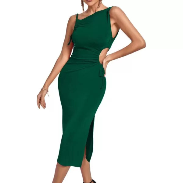 LYANER Women's One Shoulder Spaghetti Strap Drawstring Hollow Out Split Hem Bodycon Midi Dress