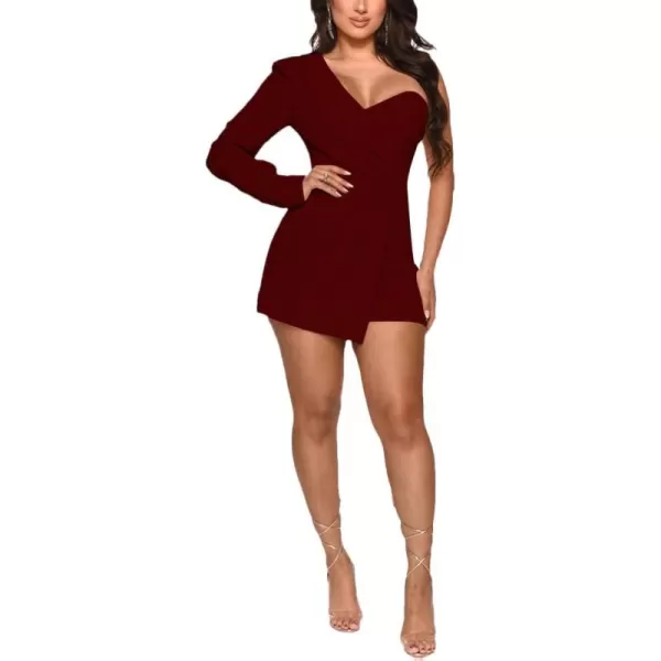 LYANER Women's One Shoulder Wraped Zipper Back Work Romper Short Jumpsuit Playsuit