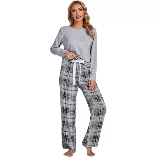 LYANER Women's Pajama Set Long Sleeve Top and Plaid Pants Loungewear Sleepwear Pjs Sets