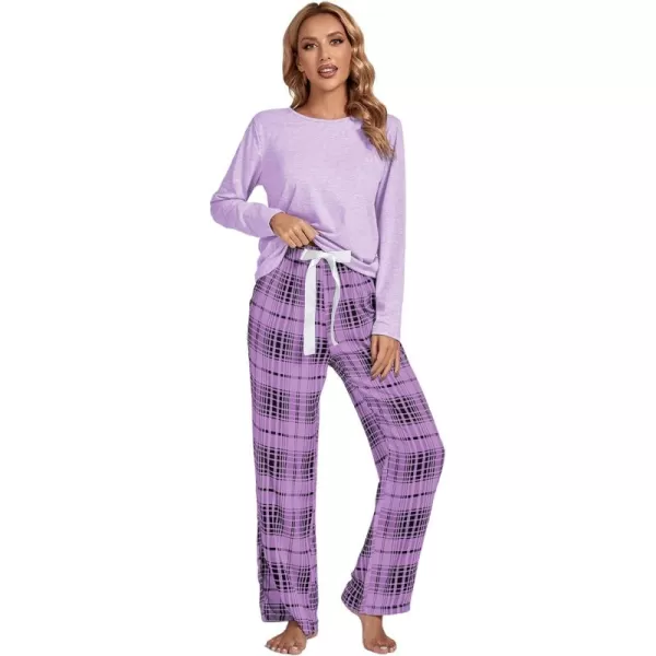 LYANER Women's Pajama Set Long Sleeve Top and Plaid Pants Loungewear Sleepwear Pjs Sets
