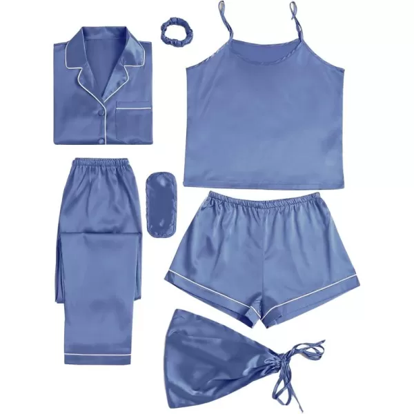 LYANER Women's Pajamas Set 7pcs Silk Satin Sleepwear Loungewear Cami Shirt Pj Set