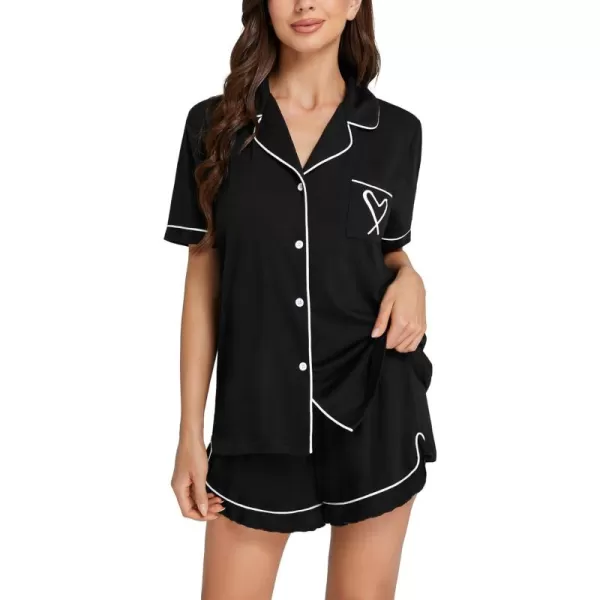 LYANER Women's Pajamas Set Heart Print Button Short Sleeve Shirt with Layered Hem Shorts Sleepwear PJ Set