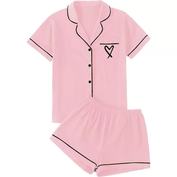 LYANER Women's Pajamas Set Heart Print Button Short Sleeve Shirt with Shorts Sleepwear PJs Set