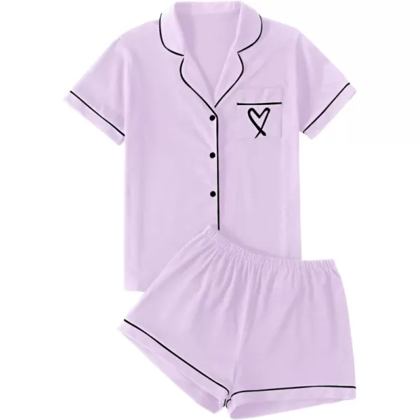 LYANER Women's Pajamas Set Heart Print Button Short Sleeve Shirt with Shorts Sleepwear PJs Set