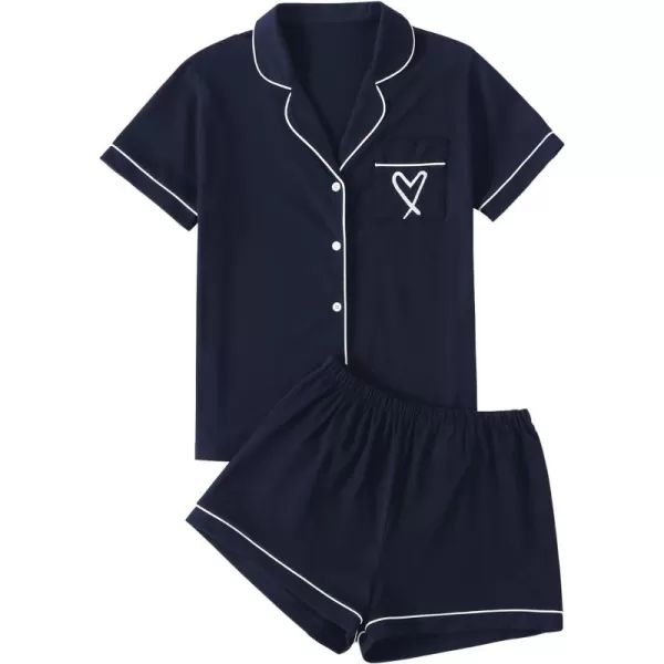 LYANER Women's Pajamas Set Heart Print Button Short Sleeve Shirt with Shorts Sleepwear PJs Set