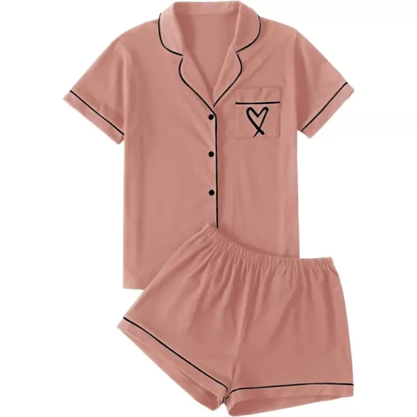 LYANER Women's Pajamas Set Heart Print Button Short Sleeve Shirt with Shorts Sleepwear PJs Set