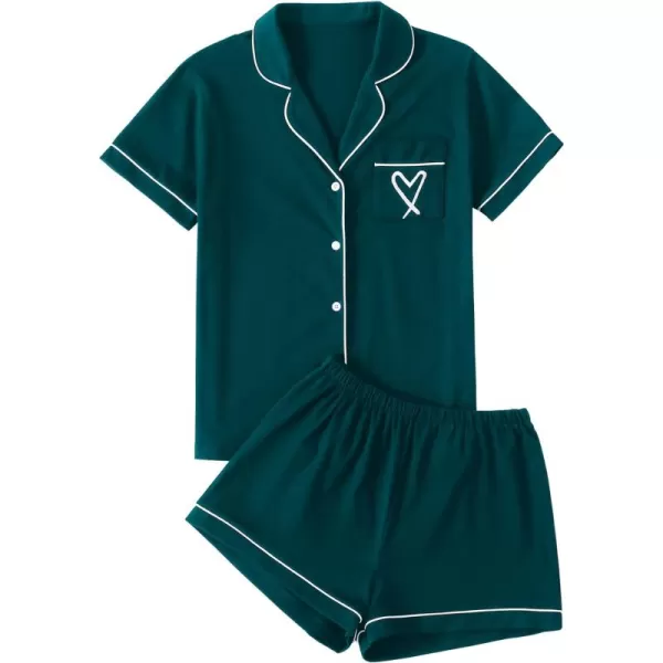 LYANER Women's Pajamas Set Heart Print Button Short Sleeve Shirt with Shorts Sleepwear PJs Set