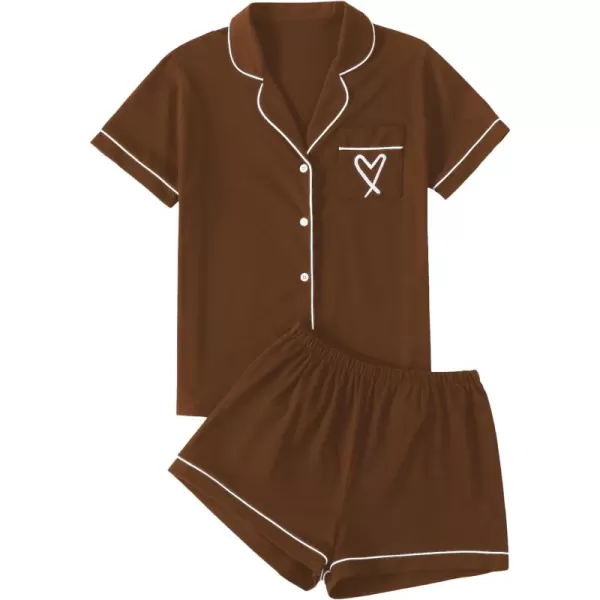 LYANER Women's Pajamas Set Heart Print Button Short Sleeve Shirt with Shorts Sleepwear PJs Set