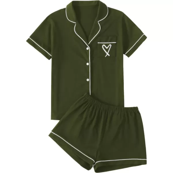 LYANER Women's Pajamas Set Heart Print Button Short Sleeve Shirt with Shorts Sleepwear PJs Set