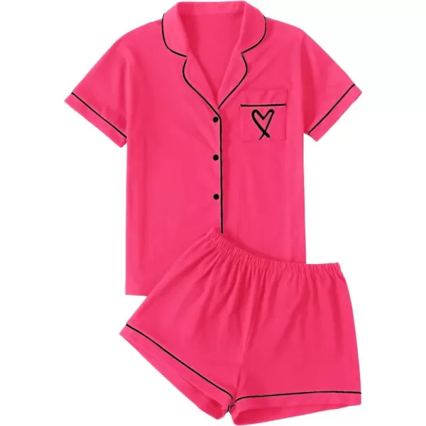 LYANER Women's Pajamas Set Heart Print Button Short Sleeve Shirt with Shorts Sleepwear PJs Set
