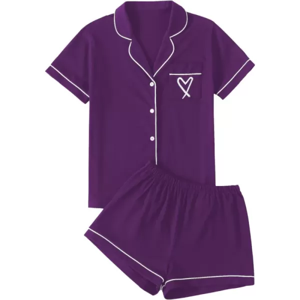 LYANER Women's Pajamas Set Heart Print Button Short Sleeve Shirt with Shorts Sleepwear PJs Set