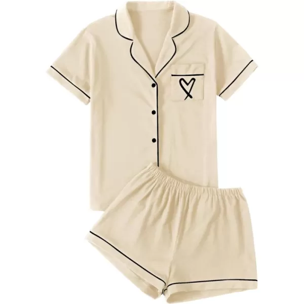 LYANER Women's Pajamas Set Heart Print Button Short Sleeve Shirt with Shorts Sleepwear PJs Set