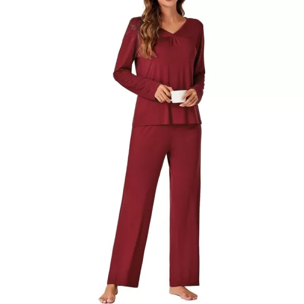 LYANER Women's Pajamas Set Soft Pleated Long Sleeve Top and Lounge Pants Lounge Sleepwear PJs Set