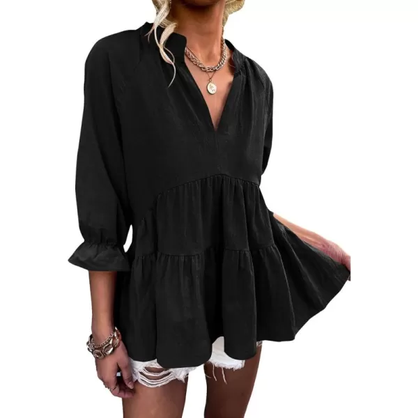 LYANER Women’s Peplum Blouse V Neck Ruched Layer 3/4 Sleeve Ruffle Blouse Babydoll Tops
