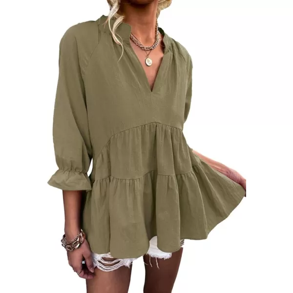 LYANER Women’s Peplum Blouse V Neck Ruched Layer 3/4 Sleeve Ruffle Blouse Babydoll Tops