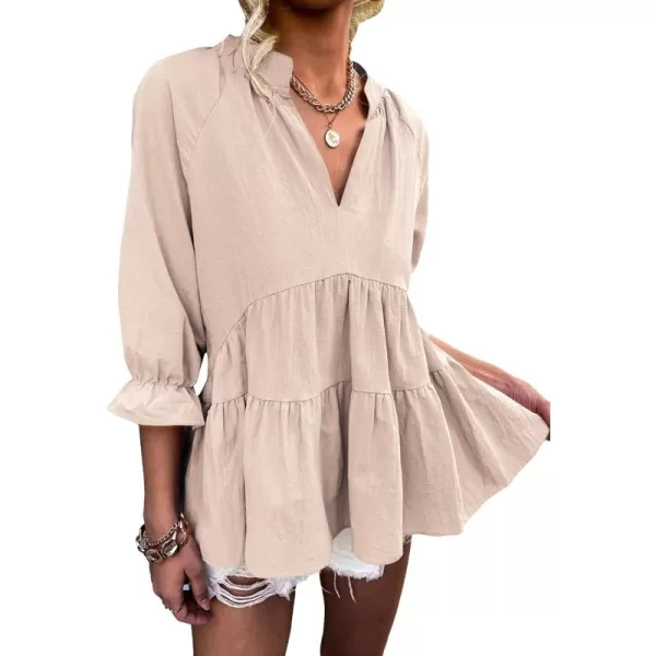 LYANER Women’s Peplum Blouse V Neck Ruched Layer 3/4 Sleeve Ruffle Blouse Babydoll Tops