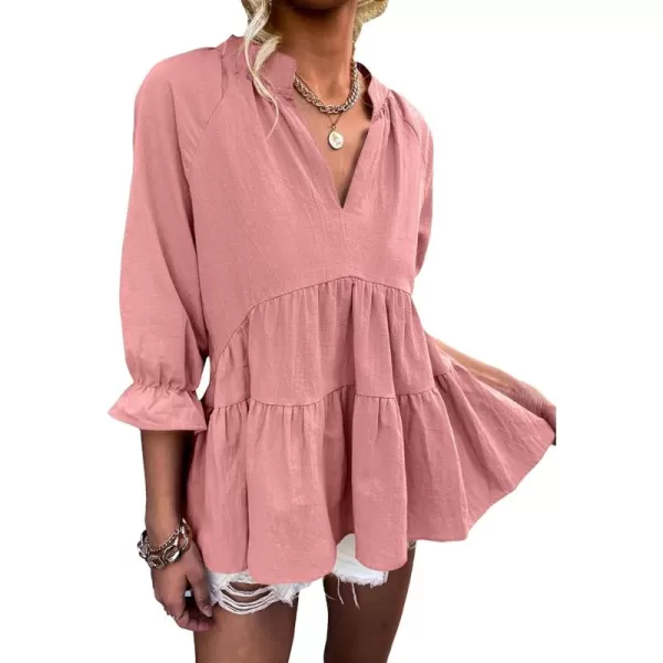 LYANER Women’s Peplum Blouse V Neck Ruched Layer 3/4 Sleeve Ruffle Blouse Babydoll Tops