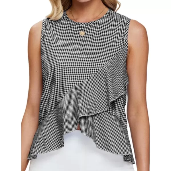 LYANER Women's Peplum Wrap Tops Plaid Gingham Ruffle Sleeveless Tie Back Shirts Blouse