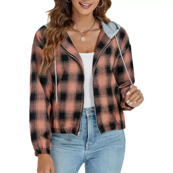 LYANER Women's Plaid Full Zip Up Long Sleeve Drawstring Hoodie Top Sweatshirt