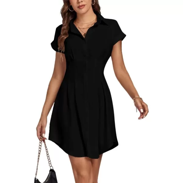 LYANER Women's Pleated Waist Collar Button Down Short Sleeve Mini Short Shirt Dress