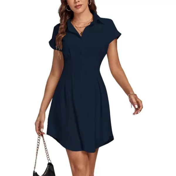 LYANER Women's Pleated Waist Collar Button Down Short Sleeve Mini Short Shirt Dress