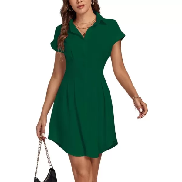 LYANER Women's Pleated Waist Collar Button Down Short Sleeve Mini Short Shirt Dress