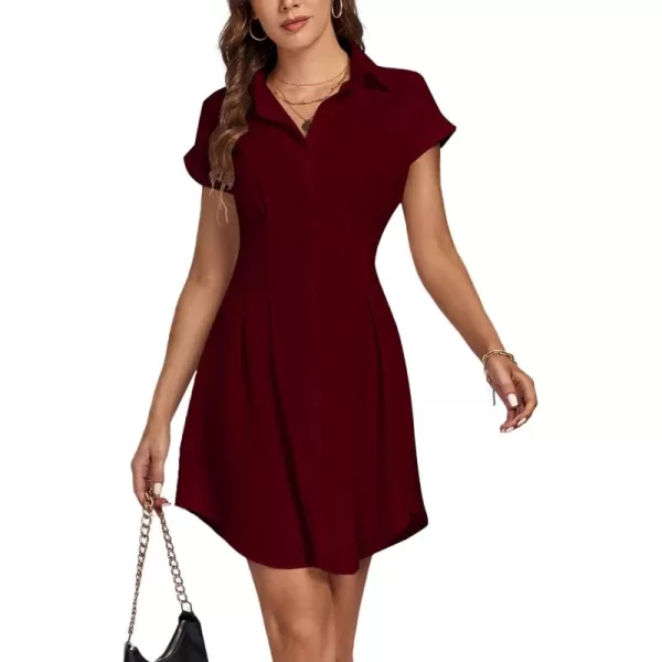 LYANER Women's Pleated Waist Collar Button Down Short Sleeve Mini Short Shirt Dress