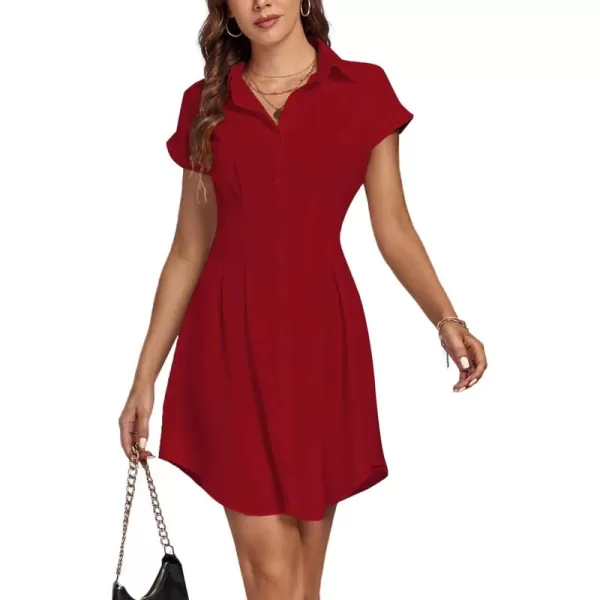 LYANER Women's Pleated Waist Collar Button Down Short Sleeve Mini Short Shirt Dress