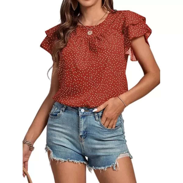 LYANER Women's Polka Dots Scoop Neck Layer Ruffle Trim Short Sleeve Blouse Shirt Top