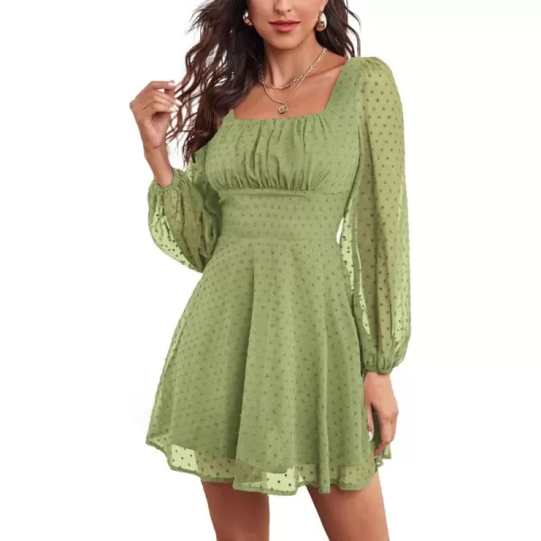 LYANER Women's Polka Dots Square Neck A line Long Sleeve Swiss Dots Mini Dress