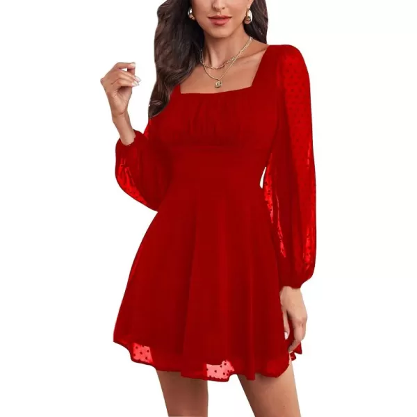 LYANER Women's Polka Dots Square Neck A line Long Sleeve Swiss Dots Mini Dress