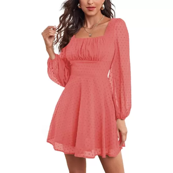 LYANER Women's Polka Dots Square Neck A line Long Sleeve Swiss Dots Mini Dress