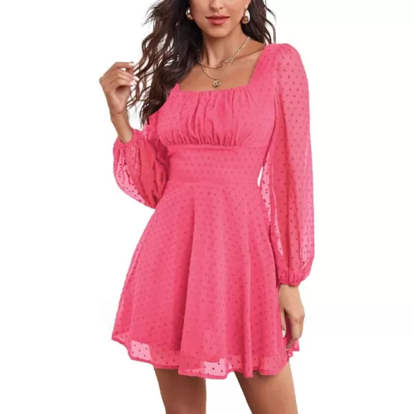 LYANER Women's Polka Dots Square Neck A line Long Sleeve Swiss Dots Mini Dress