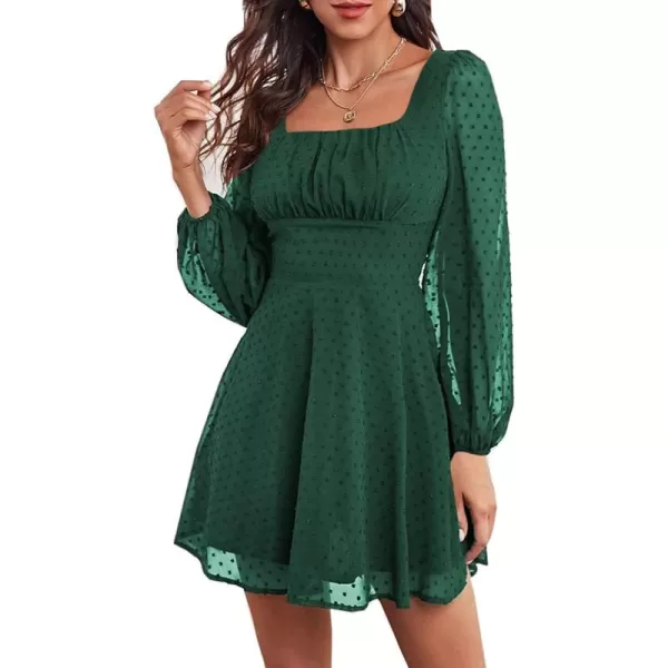 LYANER Women's Polka Dots Square Neck A line Long Sleeve Swiss Dots Mini Dress
