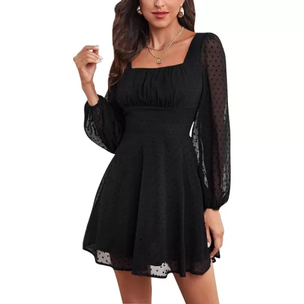 LYANER Women's Polka Dots Square Neck A line Long Sleeve Swiss Dots Mini Dress