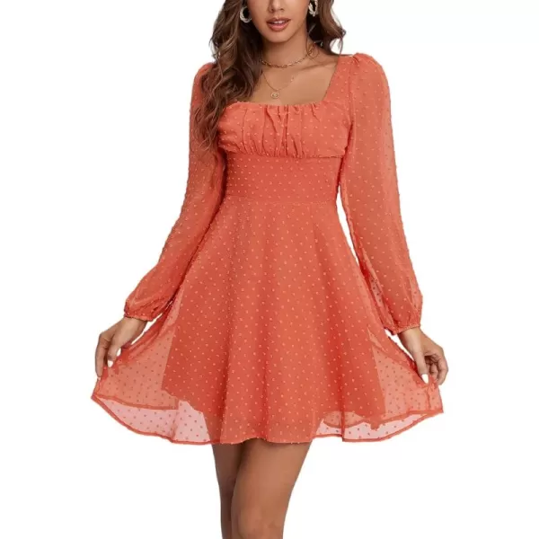 LYANER Women's Polka Dots Square Neck A line Long Sleeve Swiss Dots Mini Dress