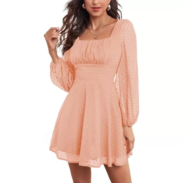 LYANER Women's Polka Dots Square Neck A line Long Sleeve Swiss Dots Mini Dress