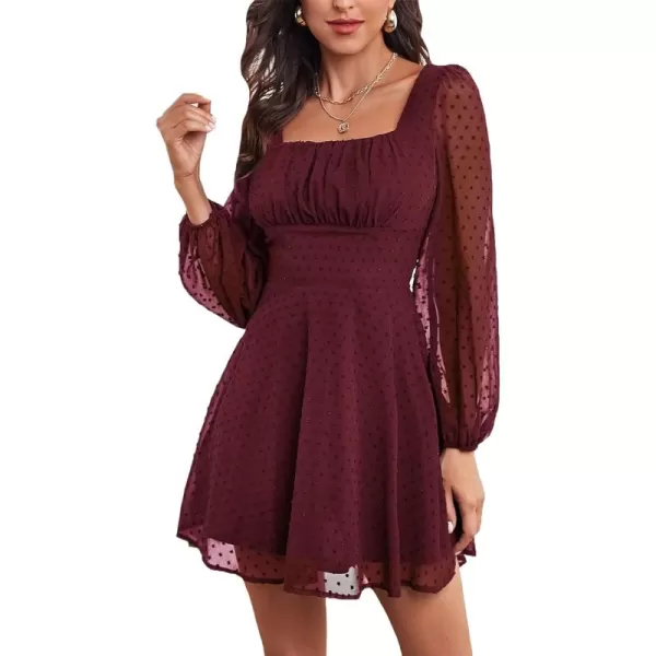 LYANER Women's Polka Dots Square Neck A line Long Sleeve Swiss Dots Mini Dress