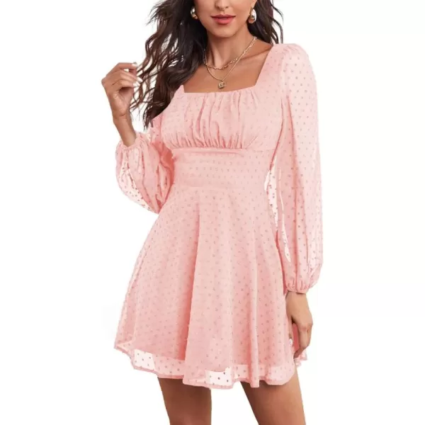 LYANER Women's Polka Dots Square Neck A line Long Sleeve Swiss Dots Mini Dress
