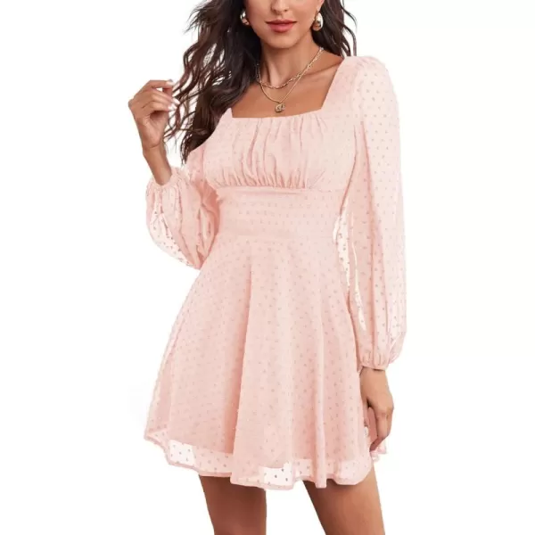 LYANER Women's Polka Dots Square Neck A line Long Sleeve Swiss Dots Mini Dress