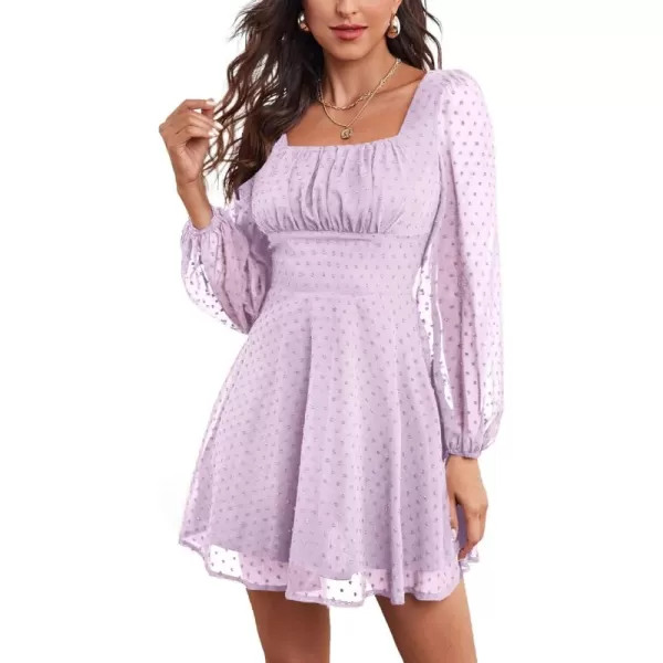 LYANER Women's Polka Dots Square Neck A line Long Sleeve Swiss Dots Mini Dress