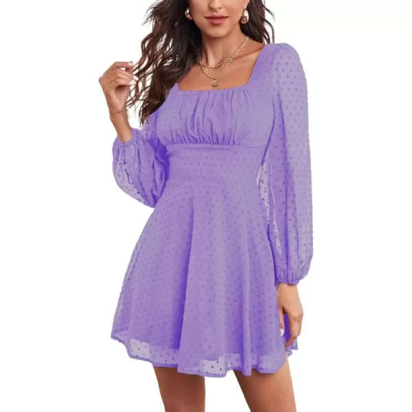 LYANER Women's Polka Dots Square Neck A line Long Sleeve Swiss Dots Mini Dress
